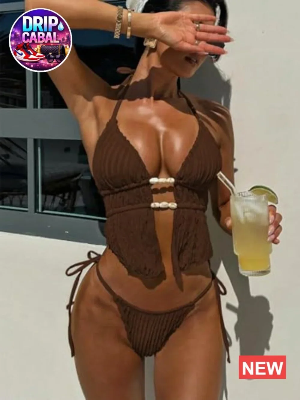 Textured Halter Bikini Set Thong Swimsuit Triangle Tankini Bathing Suits